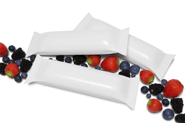 Maquette d'un emballage de barre de céréales sur un fond blanc avec du rouge — Photo