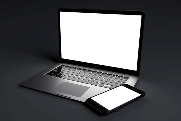Falsificazione di dispositivi su uno sfondo scuro - rendering 3d — Foto Stock