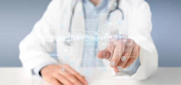 Doctor holding User interface screens with icon, stats and data — Stock Photo, Image