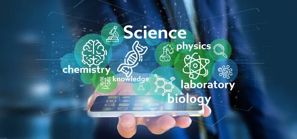 Businessman holding Science icons and title — Stock Photo, Image