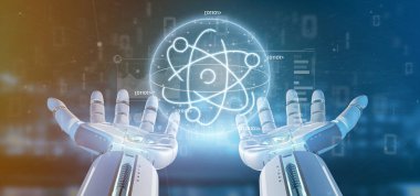 Cyborg veri ile çevrili bir atom simgesi tutan