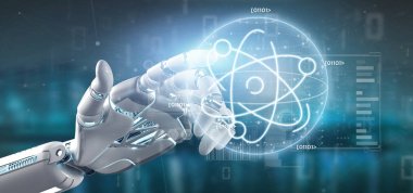 Cyborg veri ile çevrili bir atom simgesi tutan