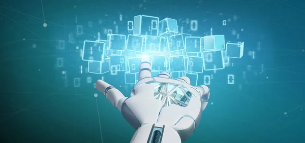 Cyborg segurando uma nuvem de cubo blockchain e dados binários 3d ren — Fotografia de Stock