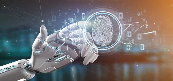 Cyborg holding a Digital fingerprint identification and binary c — Stock Photo, Image