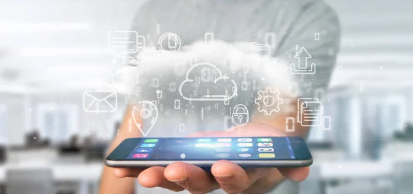 Biznesmen, trzymając chmura ikony multimedialne renderowania 3d — Zdjęcie stockowe