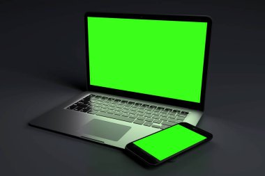 Karanlık bir arka plan - 3d render üzerinde cihazların alay et