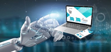 Cyborg el bir laptop ve akıllı telefon tutarak-3D Rendering