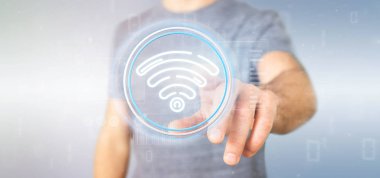 WiFi simgesi ile durum ve ikili tutan işadamı kod 3d parçalamak