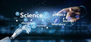 Cyborg el Holding bilim simgeleri ve başlık 