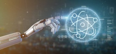 Cyborg veri ile çevrili bir atom simgesi tutan