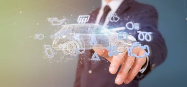Smartcar simgesi bir otomobil 3d render etrafında tutan adam