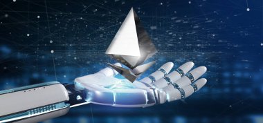 Cyborg el bir Ethereum kripto para işareti uçan aroun tutan