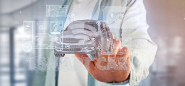 Bir Pano smartcar arabirimi Pano 3d renderin tutan adam