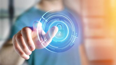 Shinny teknolojik dolap güvenlik düğmesi tutan işadamı 