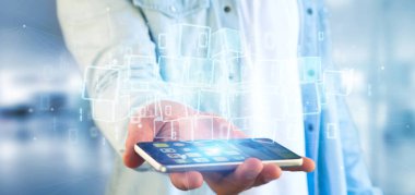 Blockchain küp ve ikili veri 3 bulutu tutan işadamı