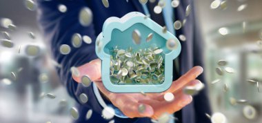 Sikke üzerinde tüm 3d r çevreleyen ile bir ev servet tutan adam