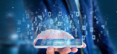 Veri ikili bulut 3d render tutan adam 