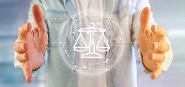 Zakenman die houdt van wolk van rechtvaardigheid en wet pictogram zeepbel met da — Stockfoto