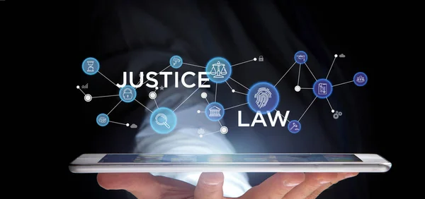 Empresario sosteniendo nube de justicia e icono de la ley burbuja con da —  Fotos de Stock