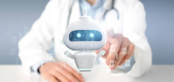 Doctor holding Chatbot with binary code 3d rendering
