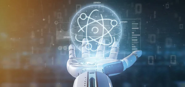 Cyborg sosteniendo un icono de átomo rodeado de datos —  Fotos de Stock