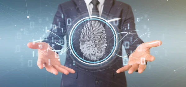Affärsman som innehar ett digitalt fingeravtryck identifiering och bin — Stockfoto