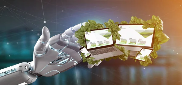 Cyborg holding a Connected devices surrounding by leaves 3d rend