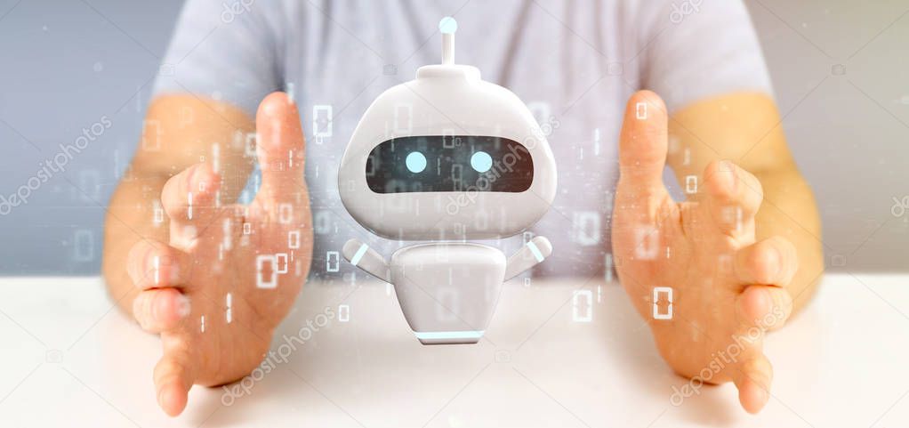 View of Businessman holding Chatbot with binary code 3d rendering