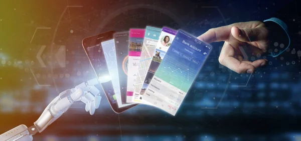 Киборг держит в руке шаблон мобильного приложения на смартфоне — стоковое фото