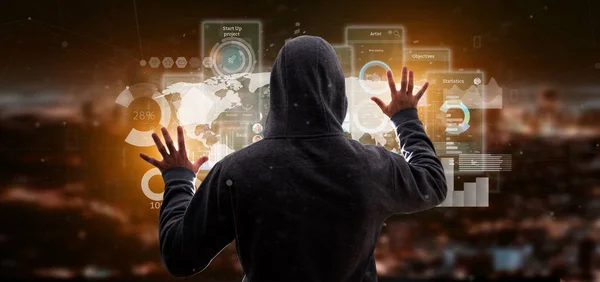 Hacker man holding User interface screens with icon, stats and d