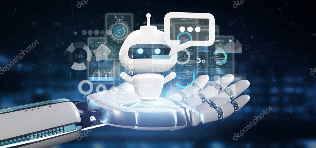 View of Cyborg hand holding Chatbot with binary code, message and data 3d rendering