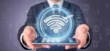 WiFi simgesi ile durum ve ikili tutan işadamı kod 3d parçalamak