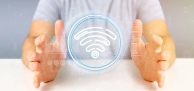 WiFi simgesi ile durum ve ikili tutan işadamı kod 3d parçalamak