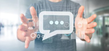 Arka planda verilerle ileti simgesi tutan bir Işadamı görünümü-3B işleme