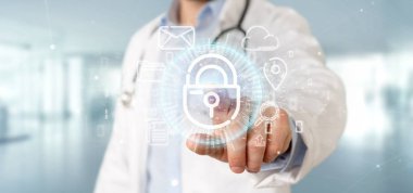 Multimedya bir güvenlik asma kilit tekerlek simgesiyle tutan doktor ve