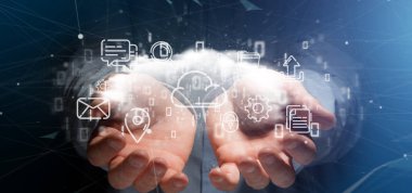 Çoklu ortam simgesini 3B oluşturmayı bulutu tutan işadamı