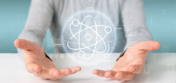 Geschäftsmann mit einer Atom-Ikone umgeben von Daten — Stockfoto