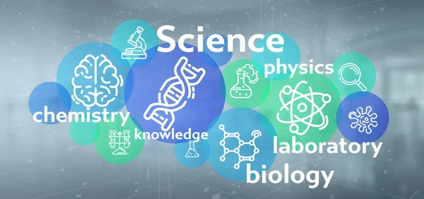 Science icons and title on a color background — Stock Photo, Image