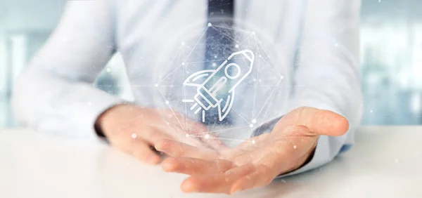 Businessman holding a  start up rocket on a sphere 3d rendering — Stock Photo, Image
