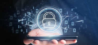 Güvenlik asma kilit tekerlek simgesi ile durum ve b tutan işadamı