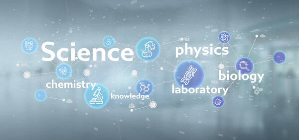 Science icons and title on a color background