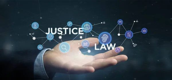 Empresario sosteniendo nube de justicia e icono de la ley burbuja con da —  Fotos de Stock