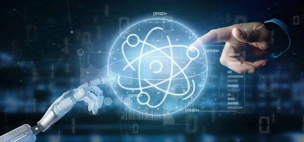 Киборг держит иконку атома в окружении данных — стоковое фото
