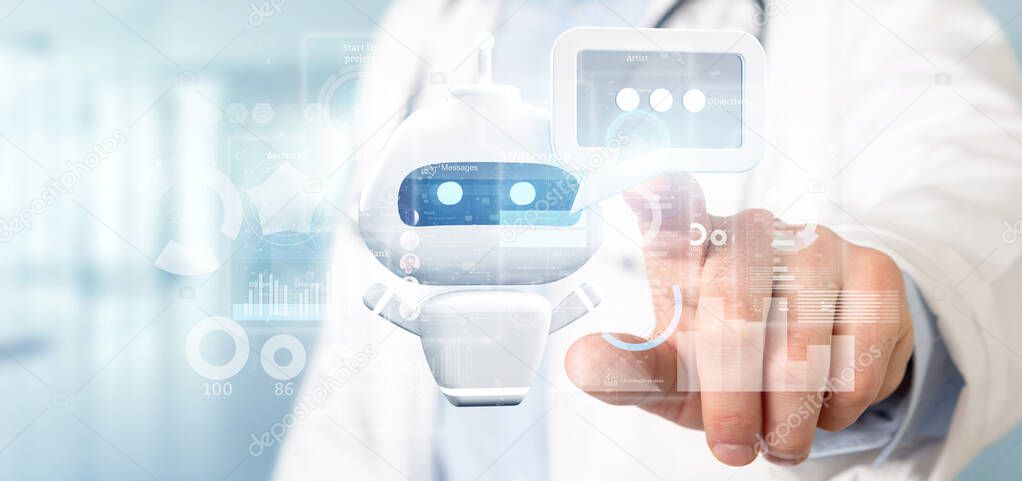 View of Doctor holding Chatbot with binary code, message and data 3d rendering