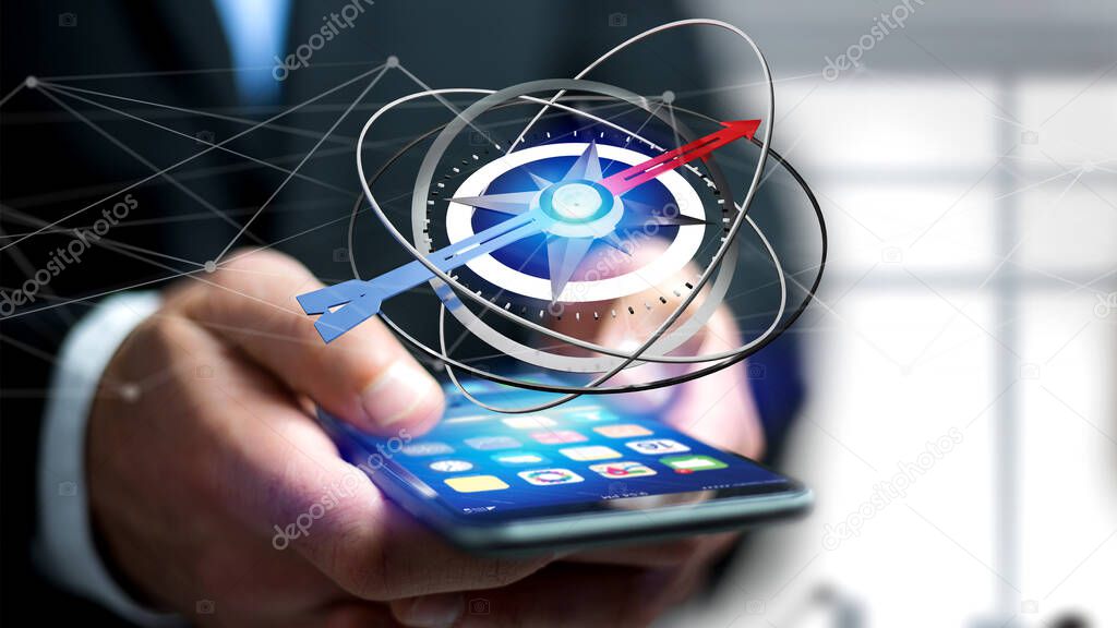 Business man using a navigation compass on a smartphone - 3d ren