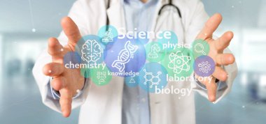 Doktor, kliniğe steteskop kullanarak işaret etti.