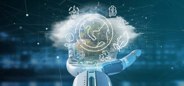 Cyborg mão segurando um globo mundial surronding por ícones de ecologia e — Fotografia de Stock