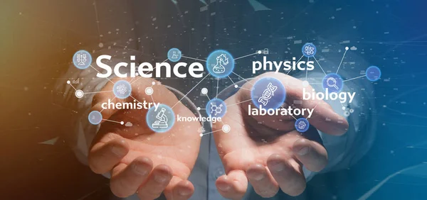 Affärs man innehar Science ikoner och titel — Stockfoto