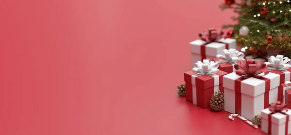 Fundo de Natal com presentes de Natal decoração - 3d render — Fotografia de Stock