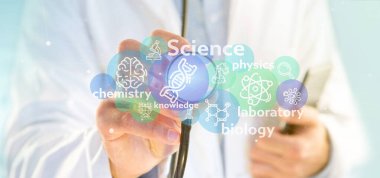 Doktor, kliniğe steteskop kullanarak işaret etti.